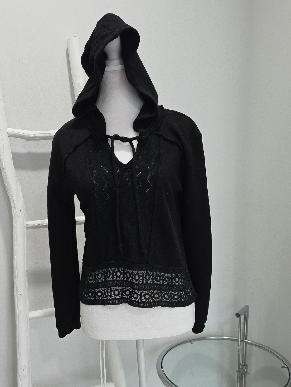 Love On A Hanger Black Hooded Lace-Trim Knit Top